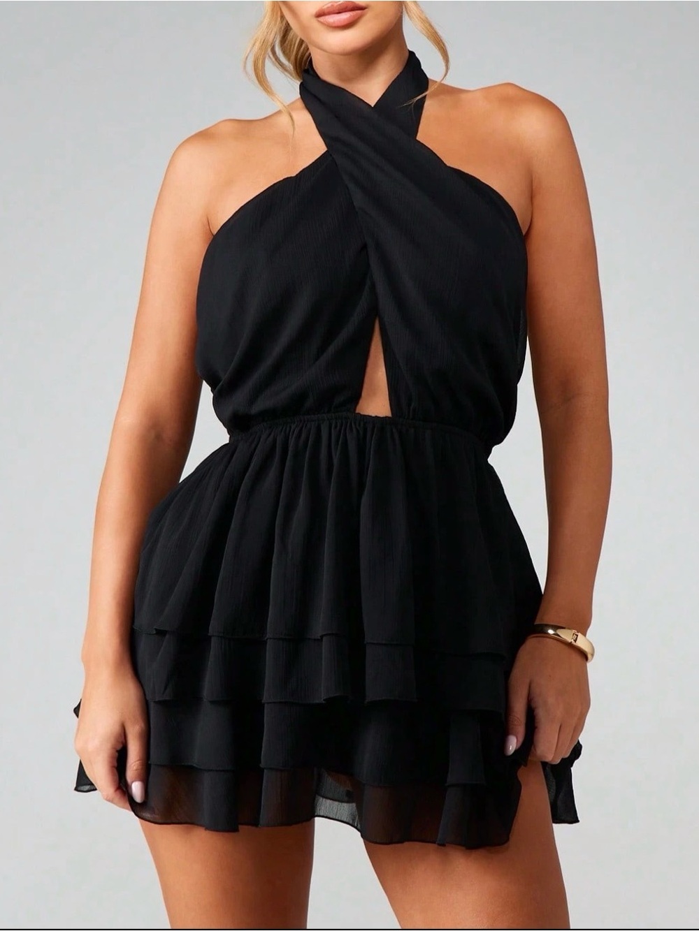 Missguided Black One-Shoulder Cross-Front Tiered Mini Dress